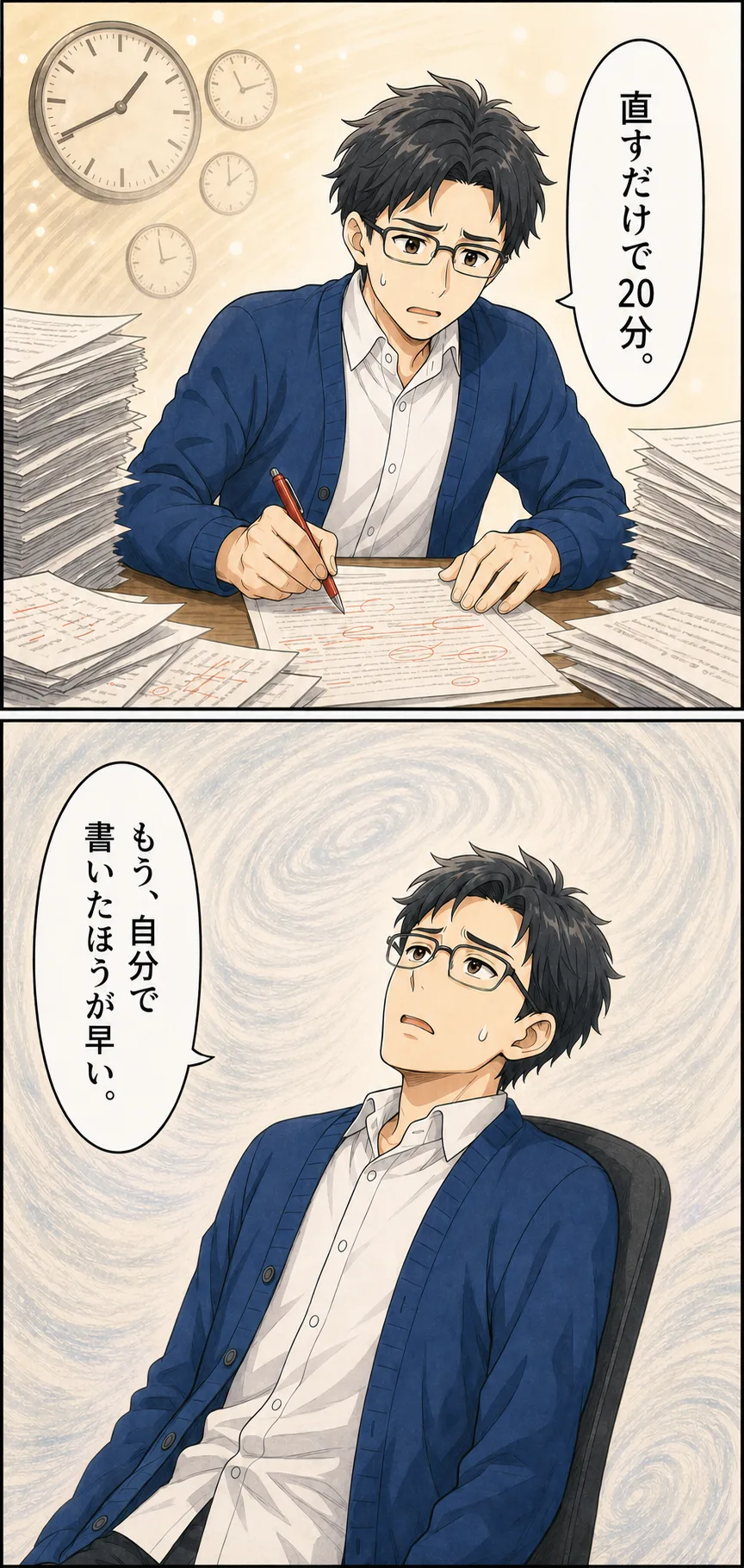 漫画: AIの答えを自分で直し続けて時間が溶けていく場面