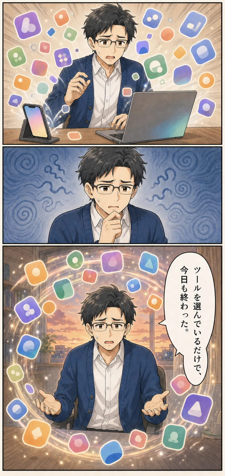 漫画: 新しいAIツールが次々に現れて追いきれなくなる場面