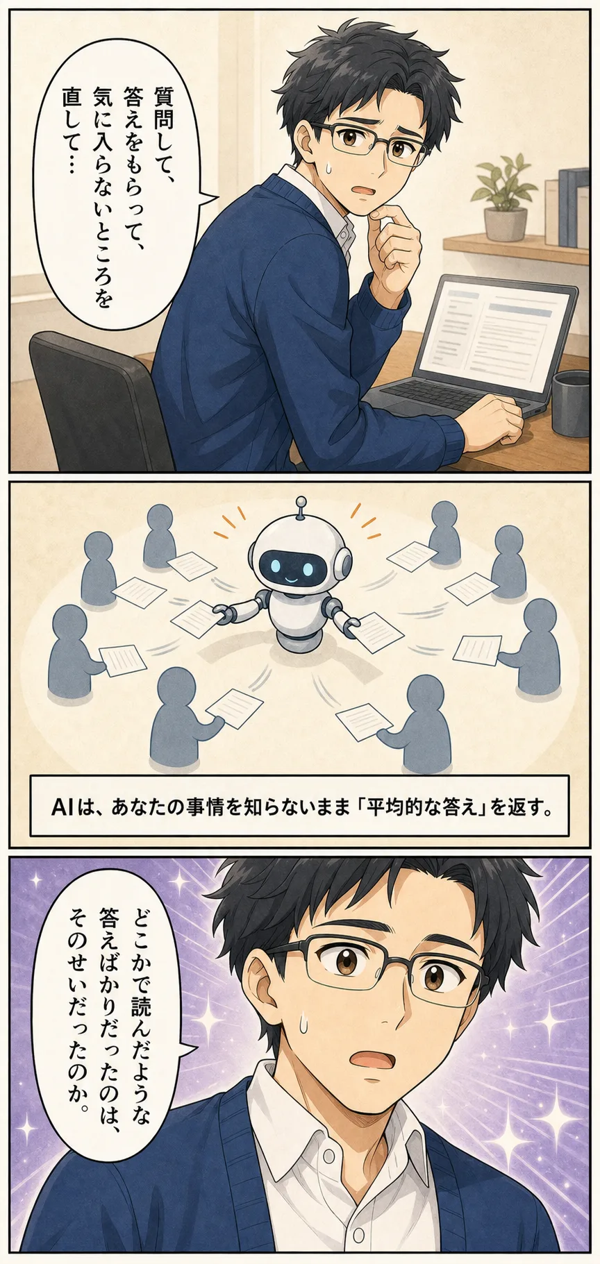 漫画: AIはあなたの事情を知らないまま平均的な答えを返す、と気づく場面