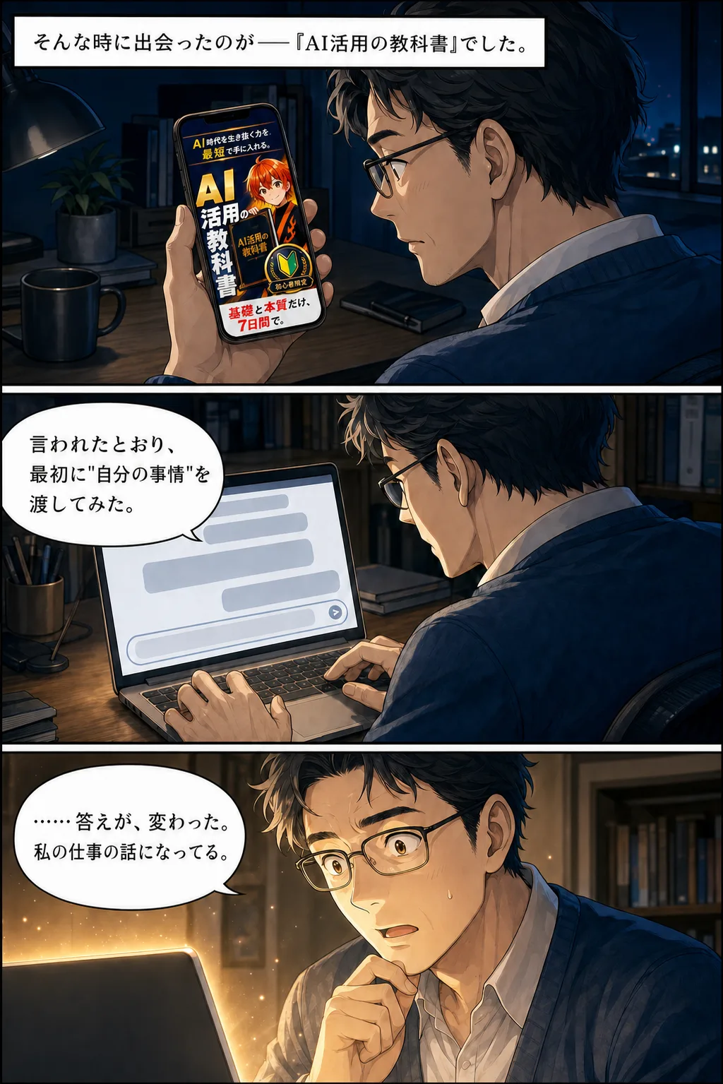 漫画: そんな時に出会ったのが『AI活用の教科書』でした——答えが、変わった