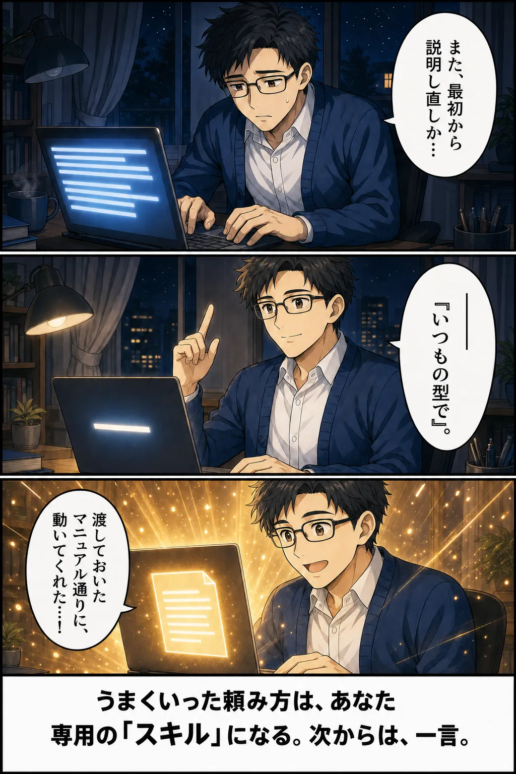 漫画: 渡しておいたマニュアル通りにAIが動く場面。うまくいった頼み方は、あなた専用のスキルになる。次からは、一言。