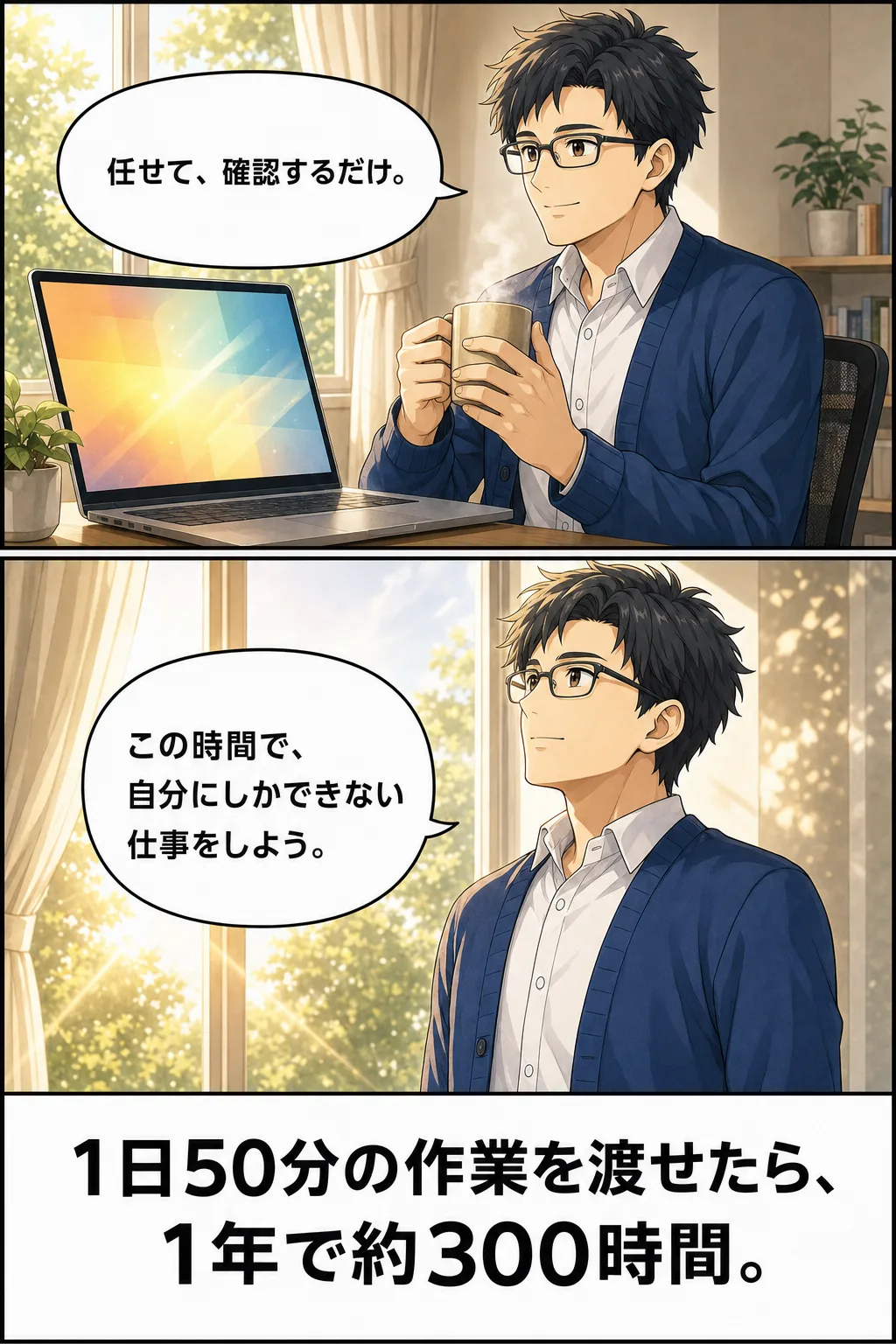 漫画: AIに任せて、確認するだけになった朝の場面。1日50分の作業を渡せたら、1年で約300時間。